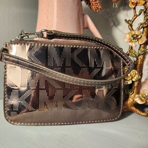Michael Kors Pewter Metallic Mirror Wristlet 6x4 Signature Logo Pouch Wallet